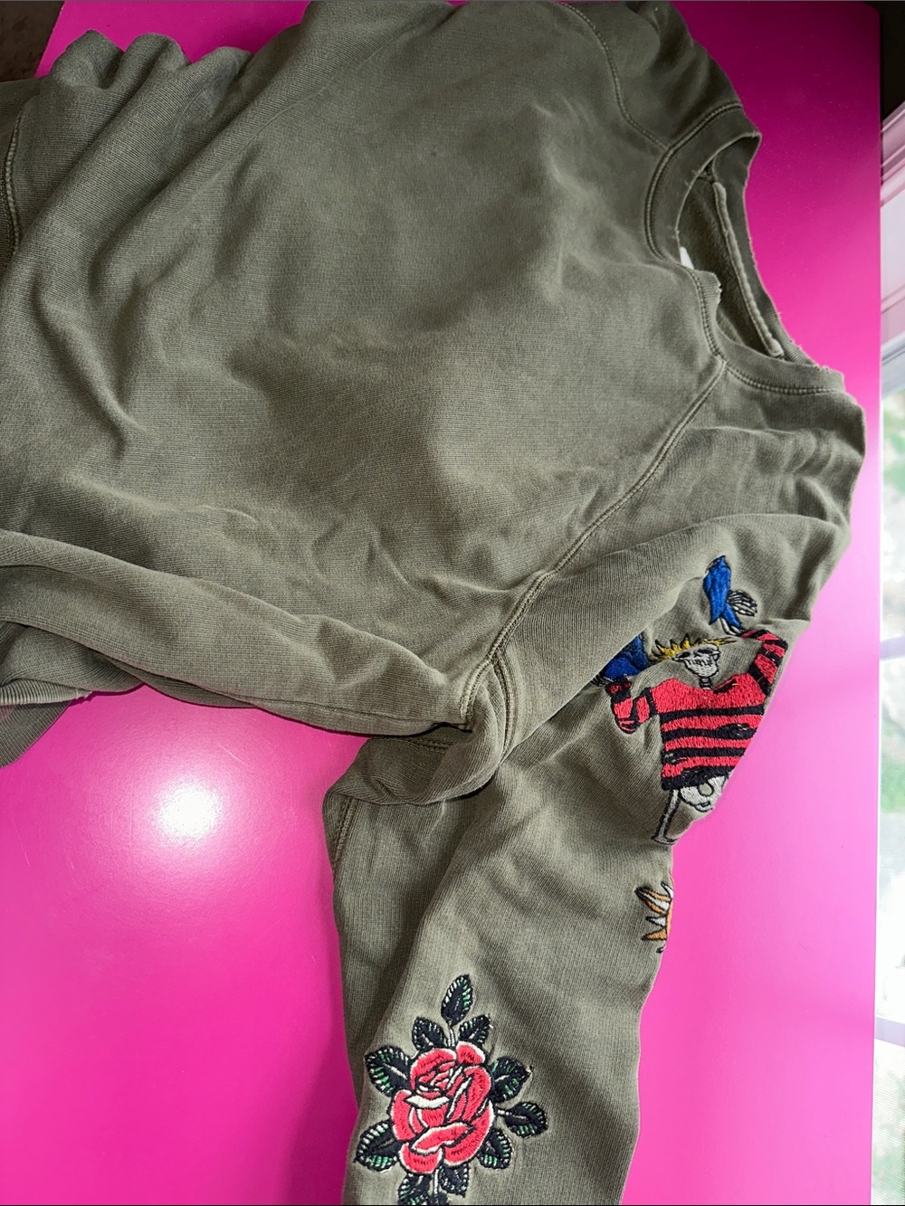 Zadig & Voltaire Olive Green Embroidered Sweatshirt with Red Rose Detail